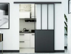 Vente-unique Schuifdeur-Schuifdeur Werkplaatsstijl - Zwart En Mat Gehard Glas - H205 X B73 Cm - Artisto