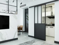 Vente-unique Schuifdeur-Schuifdeur Werkplaatsstijl - Zwart En Mat Gehard Glas - H205 X B73 Cm - Artisto