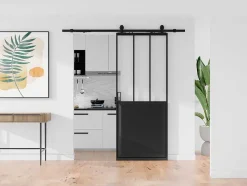 Vente-unique Schuifdeur-Schuifdeur Werkplaatsstijl Met Rails - Zwart En Mat Gehard Glas - H205 Cm X L63 Cm - Artisto Ii