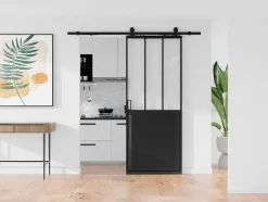 Vente-unique Schuifdeur-Schuifdeur Werkplaatsstijl Met Rails - Zwart En Mat Gehard Glas - H205 Cm X L73 Cm - Artisto Ii