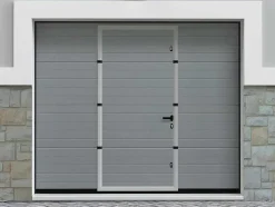 Vente-unique Garagedeur-Sectionale Garagedeur Met Gegroefd Effect En Centrale Grijze Loopdeur Met Motor - Noria
