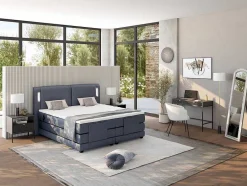 Palacio Elektrisch Relaxatiebed-Set Boxspring + Hoofdbord Met Ledlampjes + Elektrische Relaxbedbodems + Matras + Topmatras - 2 X 90 X 200 Cm - Blauwe Stof - Astemi Van