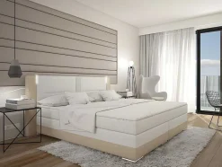 Ysmée Boxspringbed-Set Boxspring En Matras Met Hoofdeinde Met Leds + Lattenbodem + Matras + Dekmatras Asti Van Ysmee - 160 X 200 Cm - Kunstleer - Creme Wit