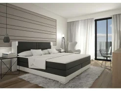 Ysmée Boxspringbed-Set Boxspring En Matras Met Hoofdeinde Met Leds + Lattenbodem + Matras + Dekmatras Asti Van Ysmee - 160 X 200 Cm - Kunstleer - Wit En Grijs