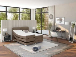 Palacio Tweepersoonsbed-Set Boxspring Hoofdbord + Elektrische Bedbodem + Matras + Topmatras Castel Van - 2X90X200Cm - Beige Stof