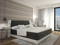 Ysmée Boxspringbed-Set Boxspring Hoofdbord Met Led-Verlichting + Bedbodems + Matras + Topmatras Asti Van Ysmee - 180 X 200 Cm - Kunstleer - Wit En Grijs
