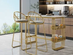 ModernLuxe Keukenmeubel-Set "Eat Standing": Bartafel En 2 Krukken - Metalen Structuur - Goud