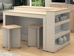 Vente-unique Keukeneiland-Set Keukeneiland + 2 Krukken - Wit En Licht Naturel - Nusice