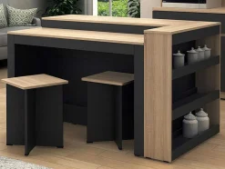 Vente-unique Keukenmeubel-Set Keukeneiland + 2 Krukken - Zwart En Licht Naturel - Nusice