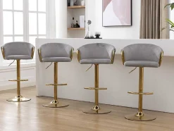 Vente-unique Barkruk-Set Van 4 Barkrukken - In Hoogte Verstelbaar - Fluweel - Grijs En Goud Metaal