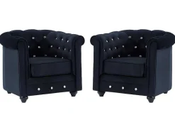 Vente-unique Fauteuil Stof Fluweel / Suedine-Set Van 2 Fauteuils Chesterfield - Fluweel - Zwart Met Kristallen Knopen