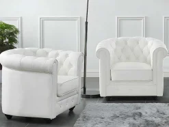 Vente-unique Fauteuil Leer-Set Van 2 Fauteuils Van Buffelleer Chesterfield - Wit