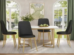 ModernLuxe Stoel-Set Van 4 Fluwelen Gestoffeerde Stoelen Met Rugleuning - Goudkleurige Metalen Structuur - Zwart