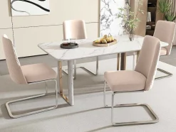 ModernLuxe Stoel-Set Van 4 Fluwelen Sledestoelen - Rugleuning Ruitpatroon - Onderstel Zilverkleurig Metaal - Beige