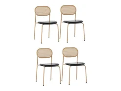 ModernLuxe Stoel-Set Van 4 Kunstleer En Rotan Stoelen - Metalen Poten - Zwart