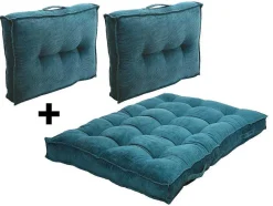 OZAIA Huistextiel-Set Van 1 Matras + 2 Palletkussens Van Ribfluweel - Blauw - Baila