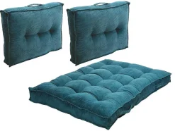 OZAIA Huistextiel-Set Van 1 Matras + 2 Palletkussens Van Ribfluweel - Blauw - Baila