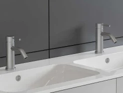 Shower & Design Kraan-Set Van 2 Mechanische Mengkranen Met Ronde Vorm Van Roestvrij Staal - Geborsteld Nikkelkleurig - H17 Cm - Salavan