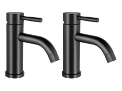 Shower & Design Kraan-Set Van 2 Mechanische Mengkranen Met Ronde Vorm Van Geborsteld Roestvrij Staal - Mat Zwart - H17 Cm - Salavan
