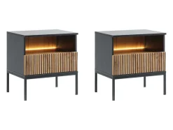 Vente-unique Nachtkastje-Set Van 2 Nachtkastje 1 Lade En 1 Nis - Met Ledverlichting - Zwart En Naturel - Ovila