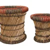 Vente-unique Poef-Set Van 2 Ronde Poefs Van Licht Naturelkleurig En Rood Rotan Mirtaka
