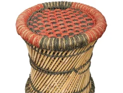Vente-unique Poef-Set Van 2 Ronde Poefs Van Licht Naturelkleurig En Rood Rotan Mirtaka