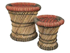 Vente-unique Poef-Set Van 2 Ronde Poefs Van Licht Naturelkleurig En Rood Rotan Mirtaka