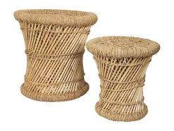 Vente-unique Poef-Set Van 2 Ronde Poefs Van Licht Naturelkleurig Rotan Mirtaka