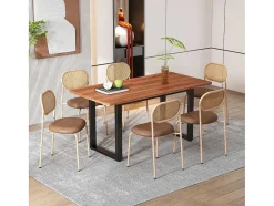 ModernLuxe Stoel-Set Van 4 Stoelen Van Kunstleer En Rotan - Metalen Poten - Bruin