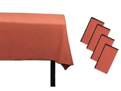 OZAIA Textiel Voor Eettafel-Set Van Tafellaken + 4 Servetten Van Linnen En Katoen - Zwarte Rand - Terracotta - 170 X 300 Cm - Borina