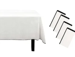 OZAIA Textiel Voor Eettafel-Set Van Tafellaken + 4 Servetten Van Linnen En Katoen - Zwarte Rand - Wit - 170 X 300 Cm - Borina