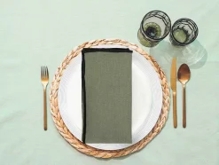 OZAIA Textiel Voor Eettafel-Set Van Tafellaken + 4 Servetten Van Linnen En Katoen - Zwarte Rand - Kaki - 170 X 300 Cm - Borina