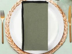 OZAIA Textiel Voor Eettafel-Set Van Tafellaken + 4 Servetten Van Linnen En Katoen - Zwarte Rand - Kaki - 170 X 300 Cm - Borina
