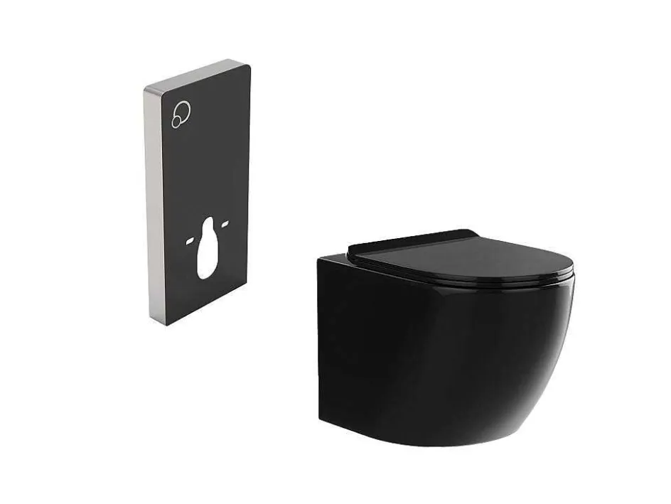 Vente-unique Hangend Toilet-Set Voor Hang-Wc Met Decoratief Voorwandsysteem - Glanzend Zwart - Javoine