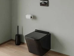Vente-unique Hangend Toilet-Set Voor Hang-Wc Van Glanzend Zwart Keramiek Met Voorwandsysteem En Ovalen Bedieningsplaat - Clemona