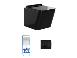 Vente-unique Hangend Toilet-Set Voor Hang-Wc Van Glanzend Zwart Keramiek Met Voorwandsysteem En Ovalen Bedieningsplaat - Clemona