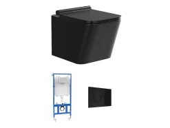 Vente-unique Hangend Toilet-Set Voor Hang-Wc Van Mat Zwart Keramiek Met Optie Voorwandsysteem En Ronde Bedieningsplaat - Clemona