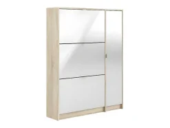 Vente-unique Schoenenkast-Shane Schoenenkast 3 Klapdeuren 2R, 1 Deur Eikenstructuur Decor, Wit Hoogglans.
