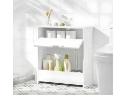 Sobuy Toiletmeubel-Bzr48-W Toiletrolhouder, Badkamer Toiletkast, Badkamermeubels, Houten Vloer Staande Badkamerkast