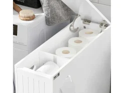 Sobuy Toiletmeubel-Compacte Toiletkast, Smal Badkameropbergmeubel Op Wielen, Toiletrolhouder Met 1 Kanteldeur, 2 Laden En 1 Open Achtercompartiment, Veelzijdige Opbergwagen, 60X20X75 Cm, Bzr111-W