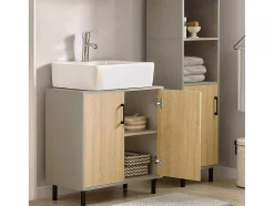 Sobuy Wastafelmeubel-Ondergootsteen, Ondergootsteen, Badkamermeubel Met 2 Deuren En 2 Planken, Badkameropbergkast, L60 X D30 X H60 Cm, Grijs En Hout, Bzr133-Ng