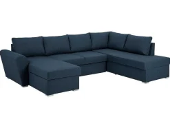 Vente-unique Stoffen Zitbank-Stan Slaapbank, Hoek Rechts Met Chaise Longue Links, In Blauw.