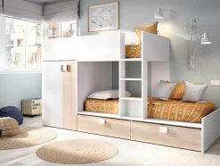 Vente-unique Kinderbed-Stapelbed - Ingebouwde Kast - 2X90X190Cm - Wit En Eiken + Matras - Juanito