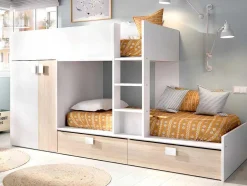 Vente-unique Kinderbed-Stapelbed - Ingebouwde Kast - 2X90X190Cm - Wit En Eiken + Matras - Juanito