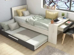 Vente-unique Bed Met Slaaplade-Stapelbed 2 X 90 X 200 Cm - Met Bureau - Kleur: Naturel En Antraciet - Vouani