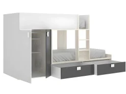 Vente-unique Kinderbed-Stapelbed Juanito Met Ingebouwde Kast - 2 X 90 X 190 Cm - Wit, Eiken En Antraciet