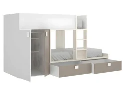 Vente-unique Kinderbed-Stapelbed Juanito Met Ingebouwde Kast En Opbergruimte - 2X90X190Cm - Wit, Eiken En Taupe