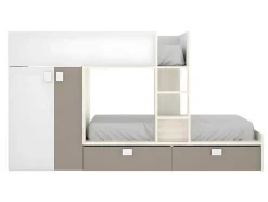 Vente-unique Kinderbed-Stapelbed Juanito Met Ingebouwde Kast En Opbergruimte - 2X90X190Cm - Wit, Eiken En Taupe