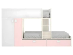 Vente-unique Kinderbed-Stapelbed Met Ingebouwde Kast En Opbergruimte 2X90X190Cm - Wit, Eiken En Roze + Matras -Juanito