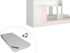 Vente-unique Kinderbed-Stapelbed Met Ingebouwde Kast En Opbergruimte 2X90X190Cm - Wit, Eiken En Roze + Matras -Juanito